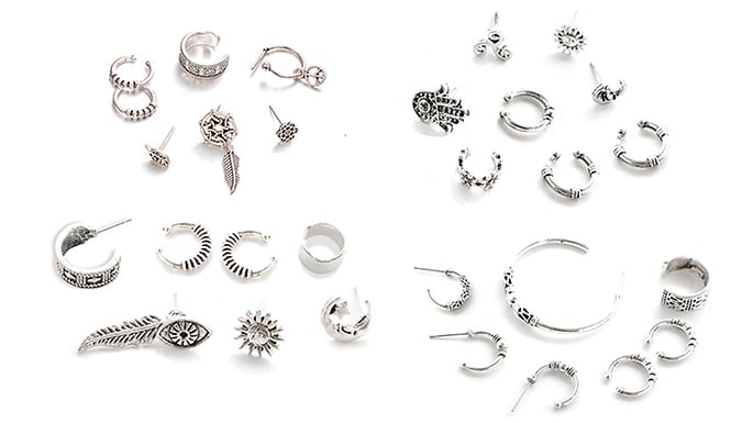 Bohemian Style Silver Earrings & Ear Cuffs Set - 4 Designs