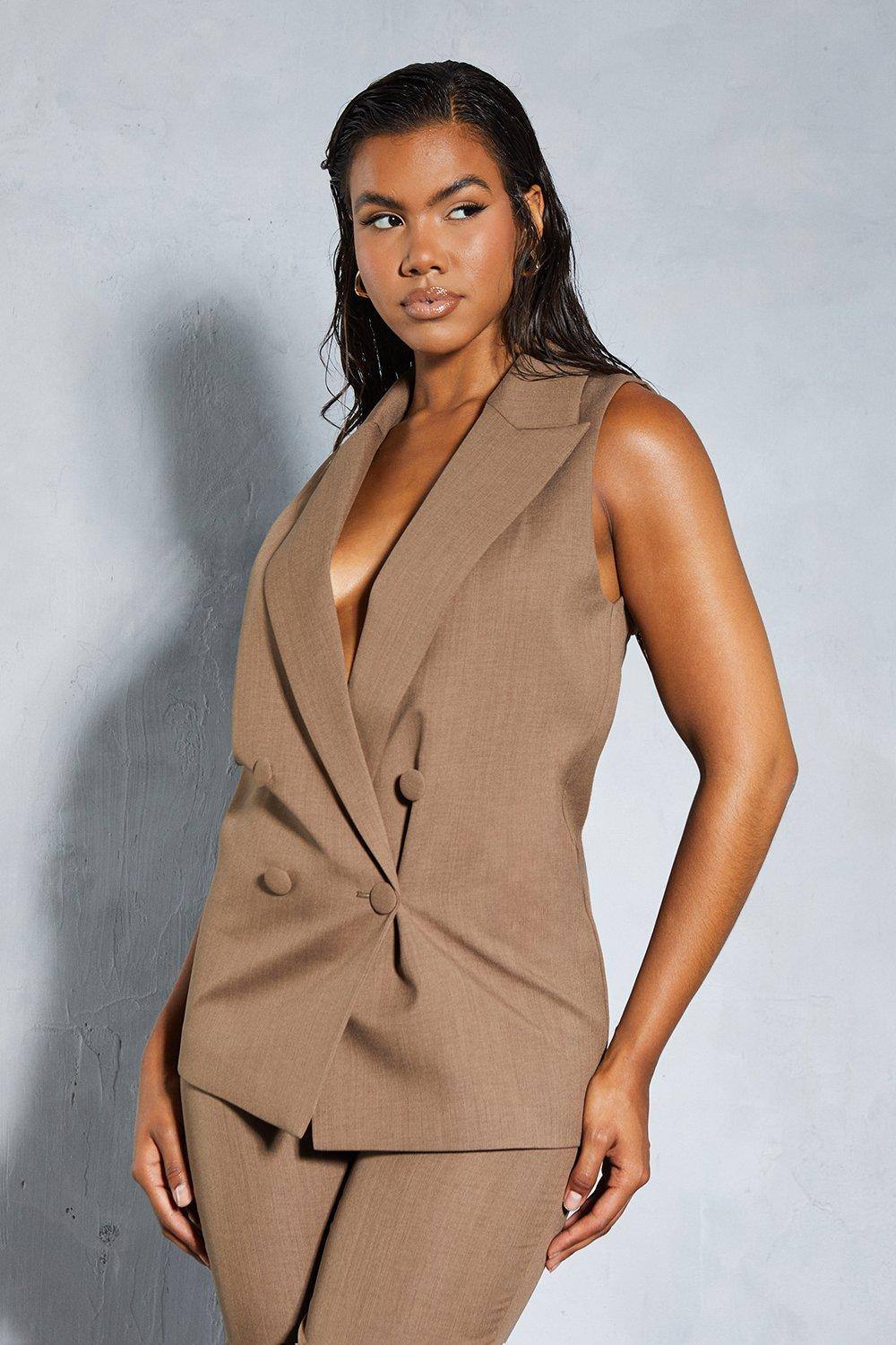 MISSPAP Women's Sleeveless Double Breasted Tailored Blazer in Taupe | Size: 8