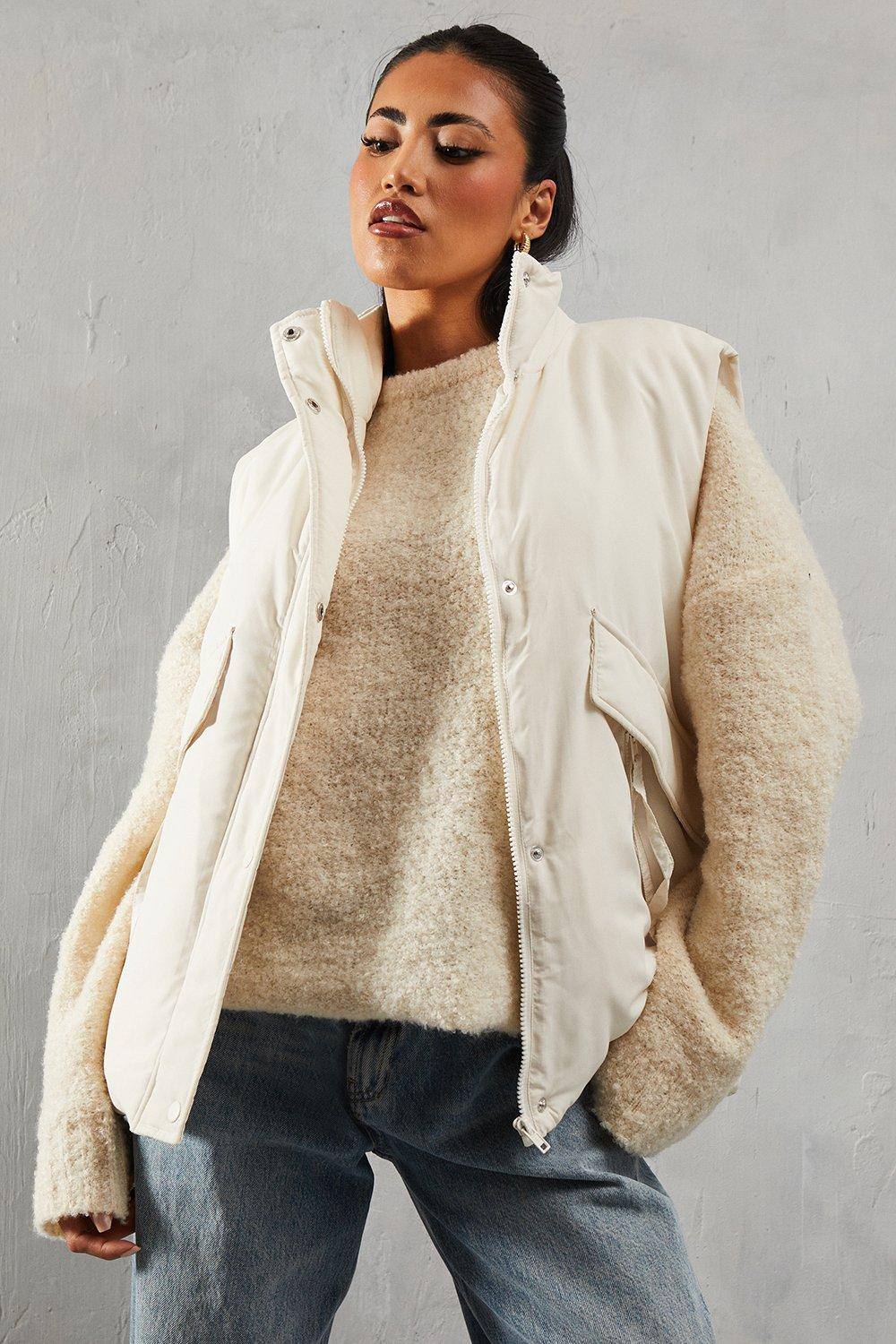 MISSPAP Women's Zip Pocket Puffer Gilet in Cream | Size: 8