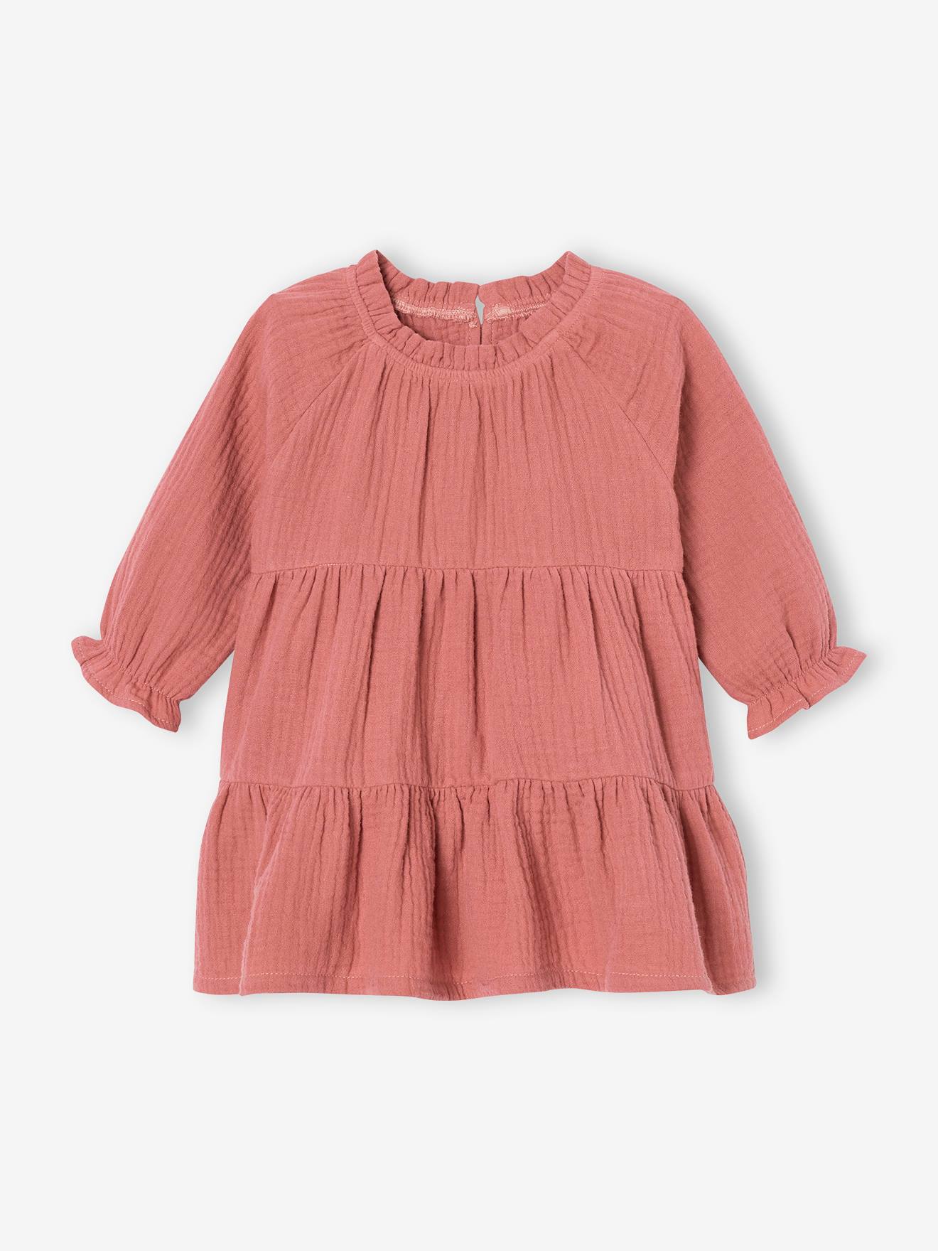 Ruffled Dress in Cotton Gauze, for Girls old rose