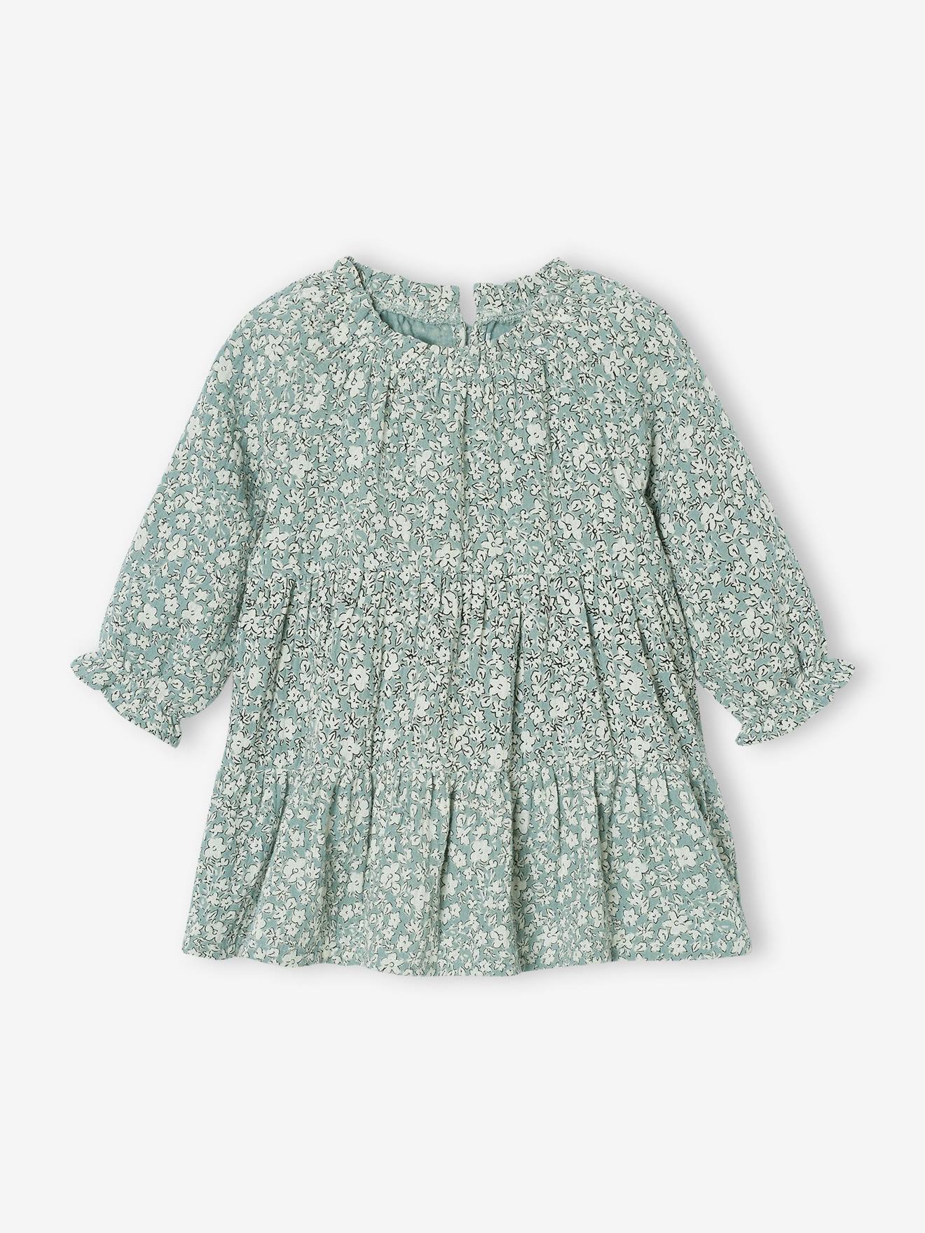 Ruffled Dress in Cotton Gauze, for Girls sage green
